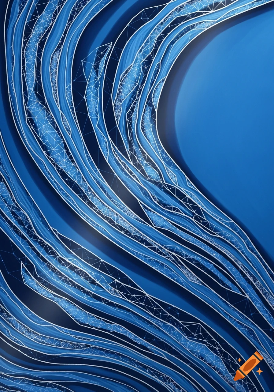 Abstract blue wavy lines intertwined with white geometric network patterns.