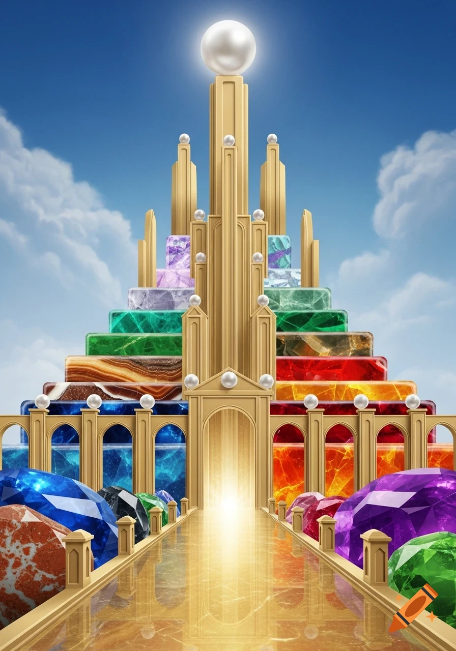 A golden, ornate multi-tiered fantasy palace adorned with pearls and layers of colorful gemstones, leading to a radiant entrance under a blue sky.