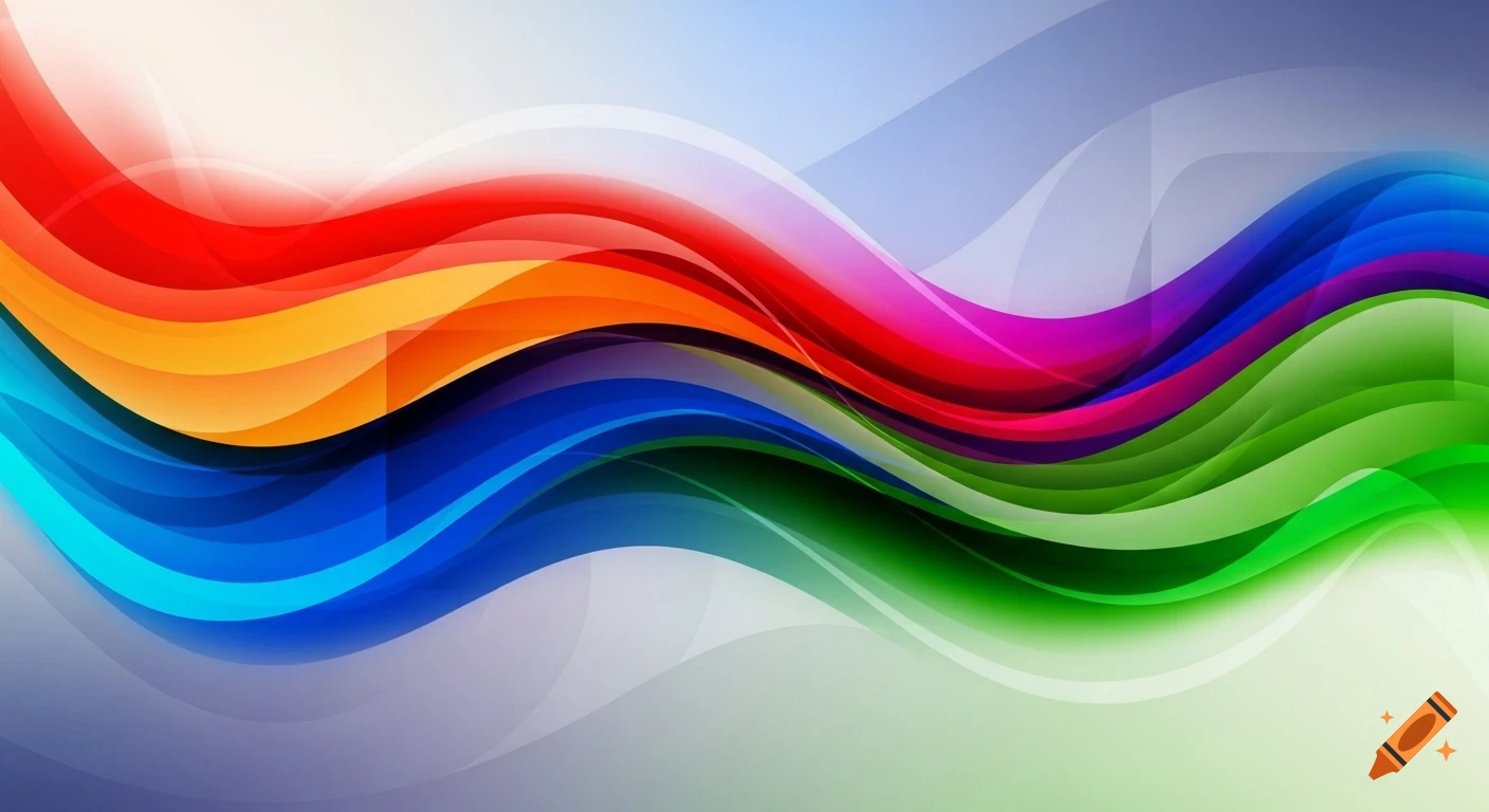 Abstract background featuring vibrant, flowing waves of red, orange, blue, purple, and green against a light gradient.