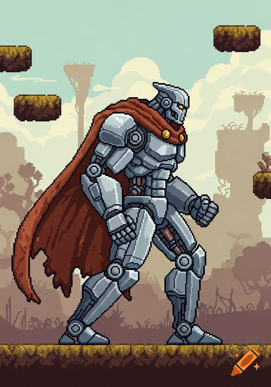 A pixel art robotic humanoid game character with a torn brown cape stands on a platform in a platformer game scene.