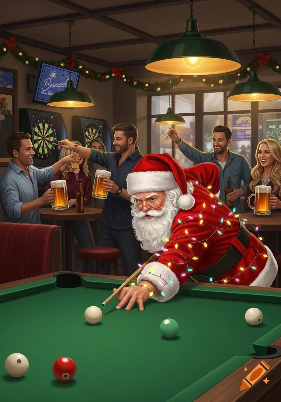 Santa Claus in a festive sports bar plays pool, surrounded by laughing patrons drinking beer and playing darts.
