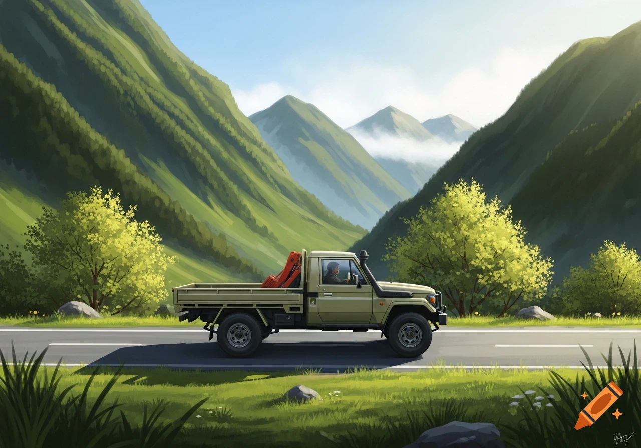 A green 4x4 truck with a flatbed drives on a road through a lush mountain valley under a clear sky, in an illustration style.