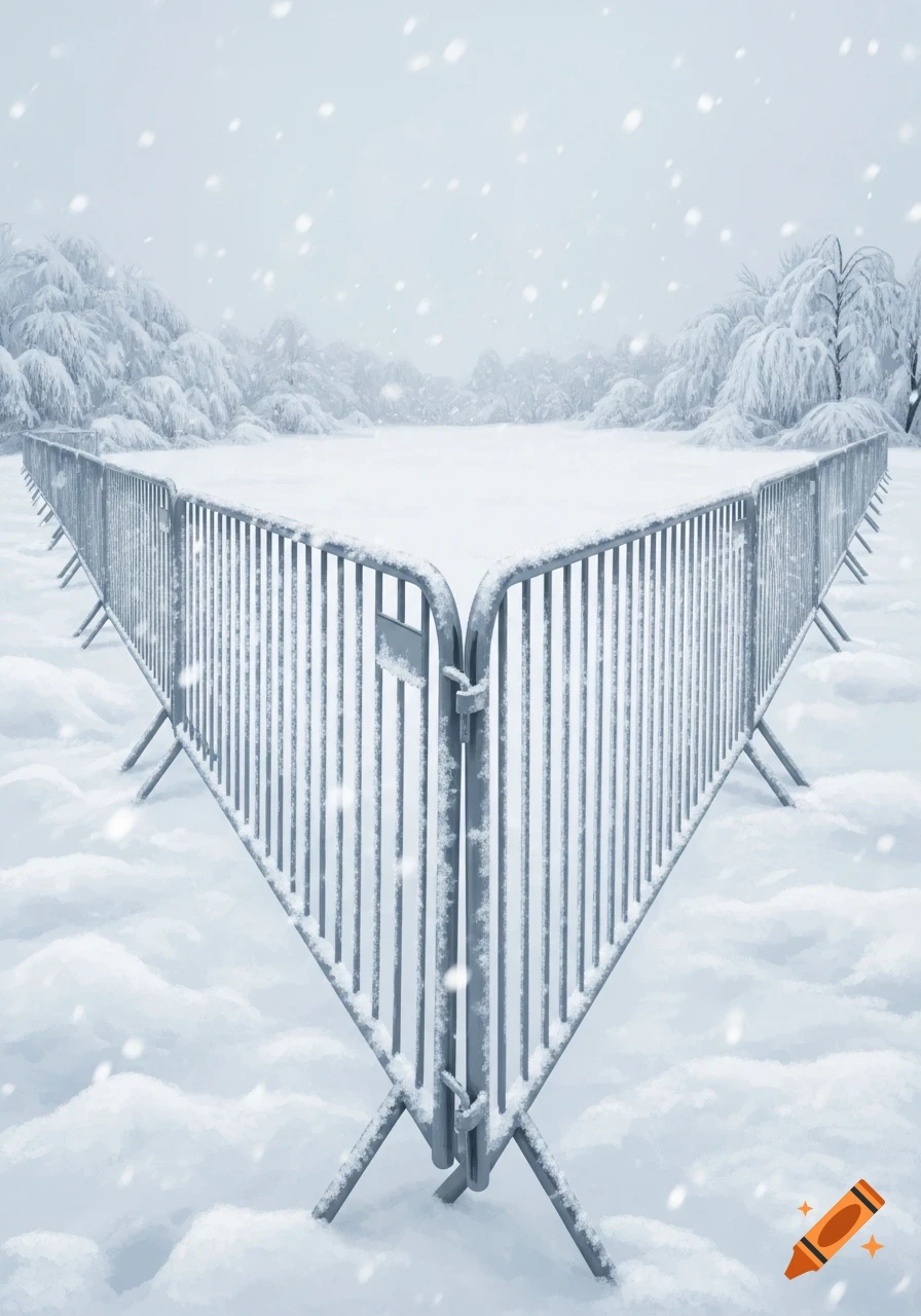 A snowy landscape with temporary metal fences covered in snow, surrounded by snow-laden trees and falling snow.