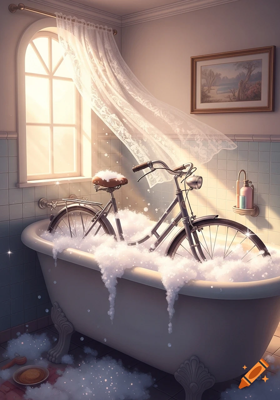 A vintage bicycle is submerged in a bubble-filled bathtub in a sunlit bathroom with billowing lace curtains.
