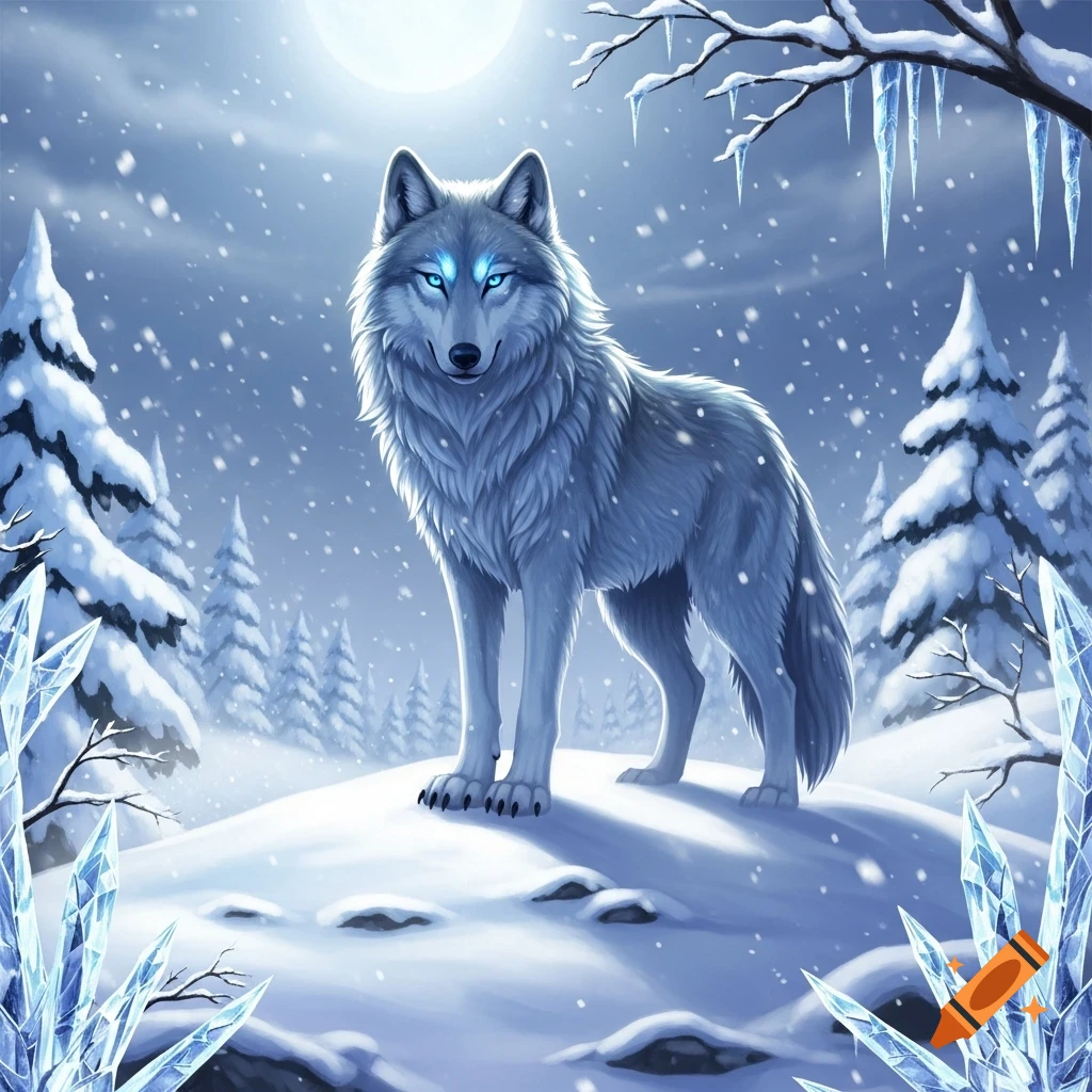 A white wolf with glowing blue eyes stands in a snowy winter forest under a full moon, surrounded by ice crystals and snow-covered trees.