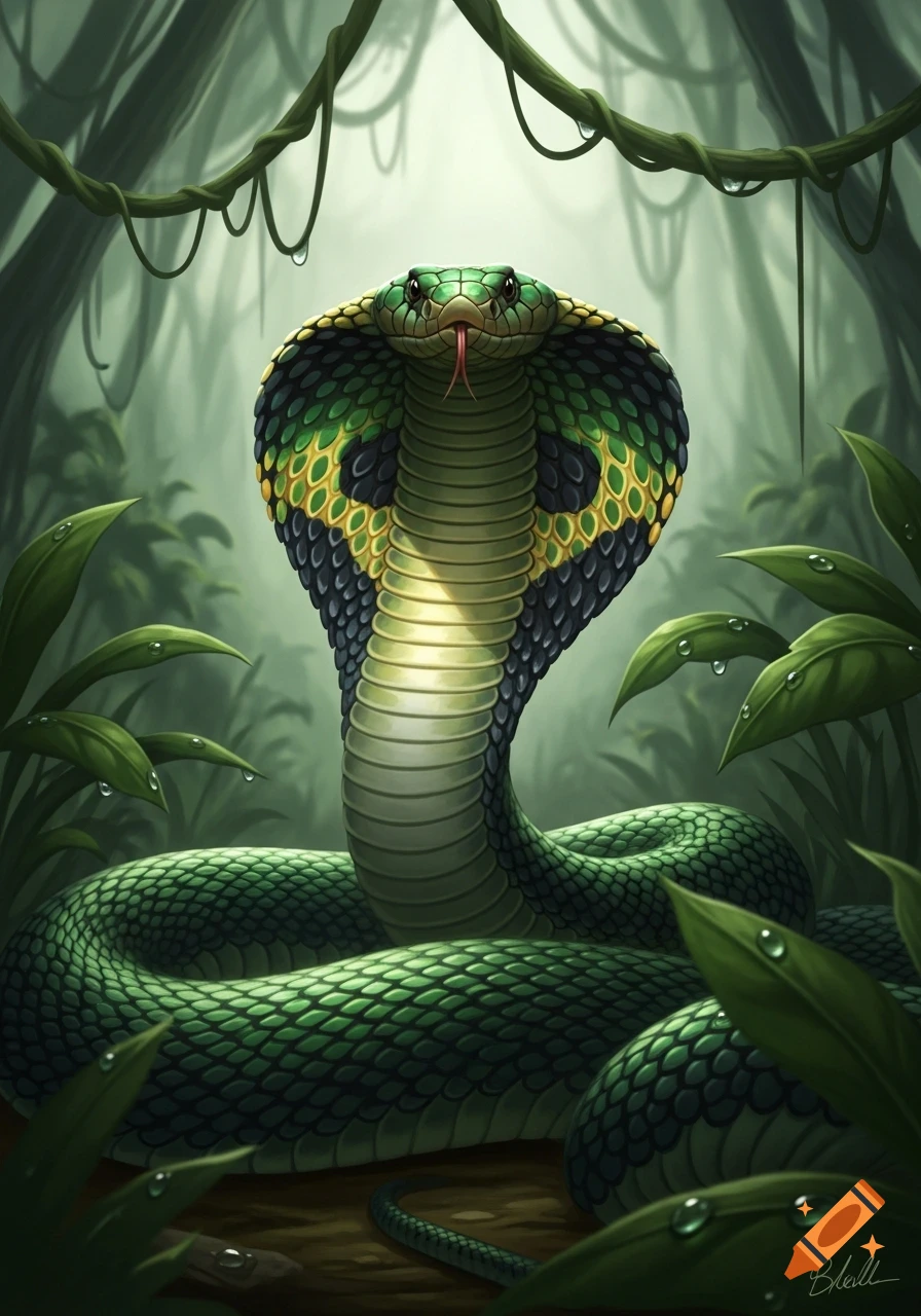 Detailed illustration of a vibrant green cobra with a yellow and black hood, coiled and rearing in a lush green jungle.