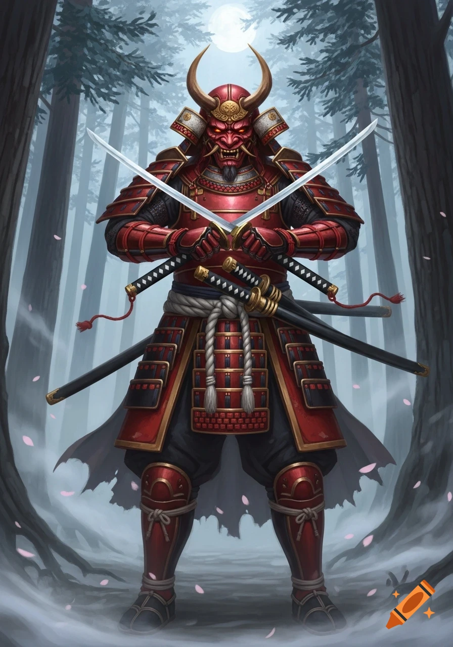 Red armored samurai with an oni mask, holding two swords in a misty forest under a full moon, in an illustrated style.