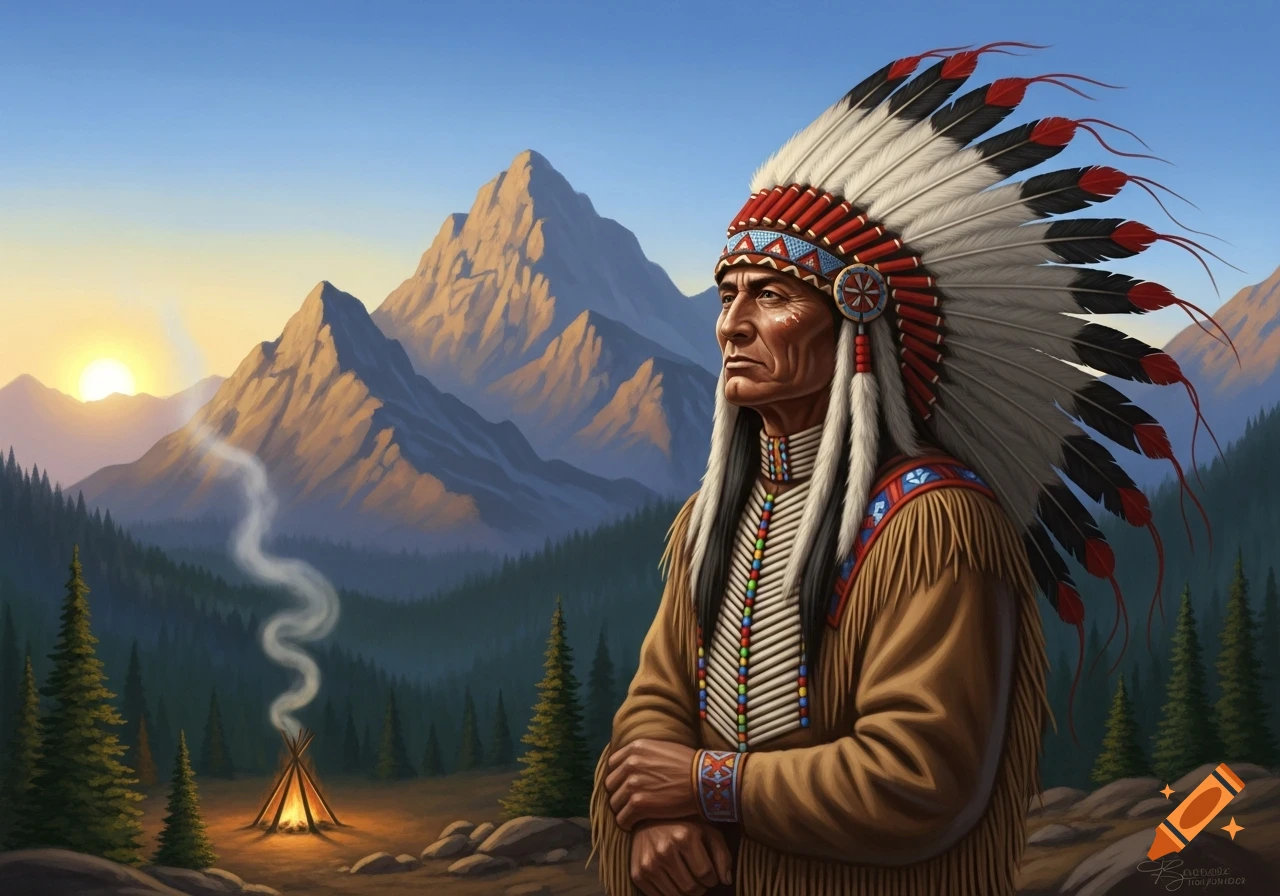 An illustration of an American Indian in a full feathered headdress, standing in a mountain landscape with a sunset and a campfire.