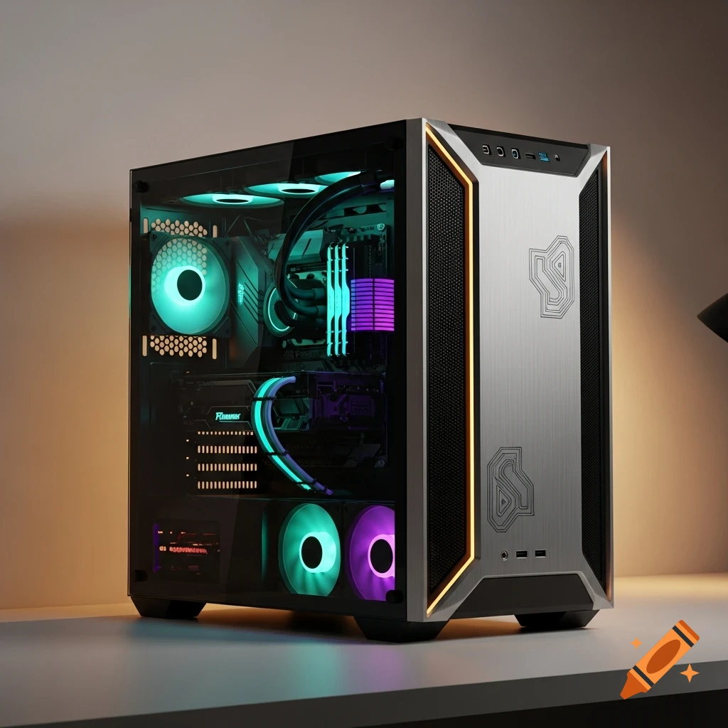 A sleek, modern computer case with a clear side panel, showcasing RGB-lit internal components in teal and purple, accented by orange on the front.
