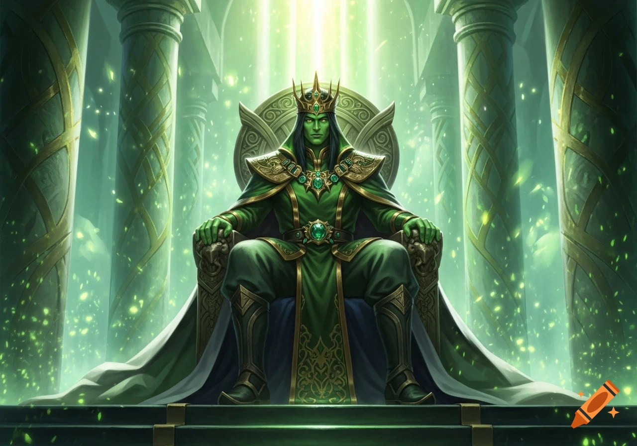 A majestic green-skinned king wearing a golden crown and emerald-adorned green robes sits on an ornate throne within a luminous green fantasy hall with columns.