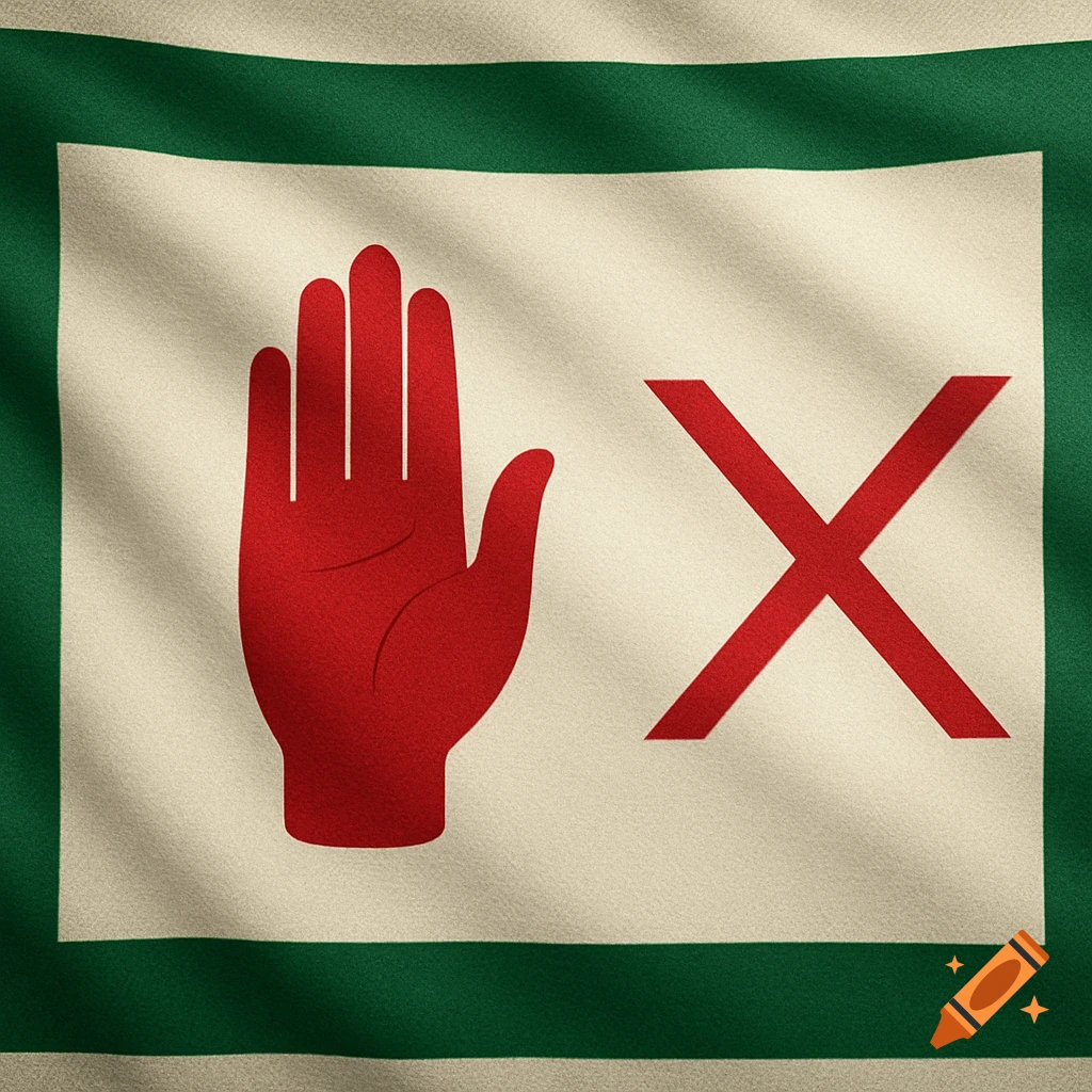A flag with a red open hand and a red X-shaped Saint Patrick's Saltire on a cream field, bordered in green, showing fabric texture.