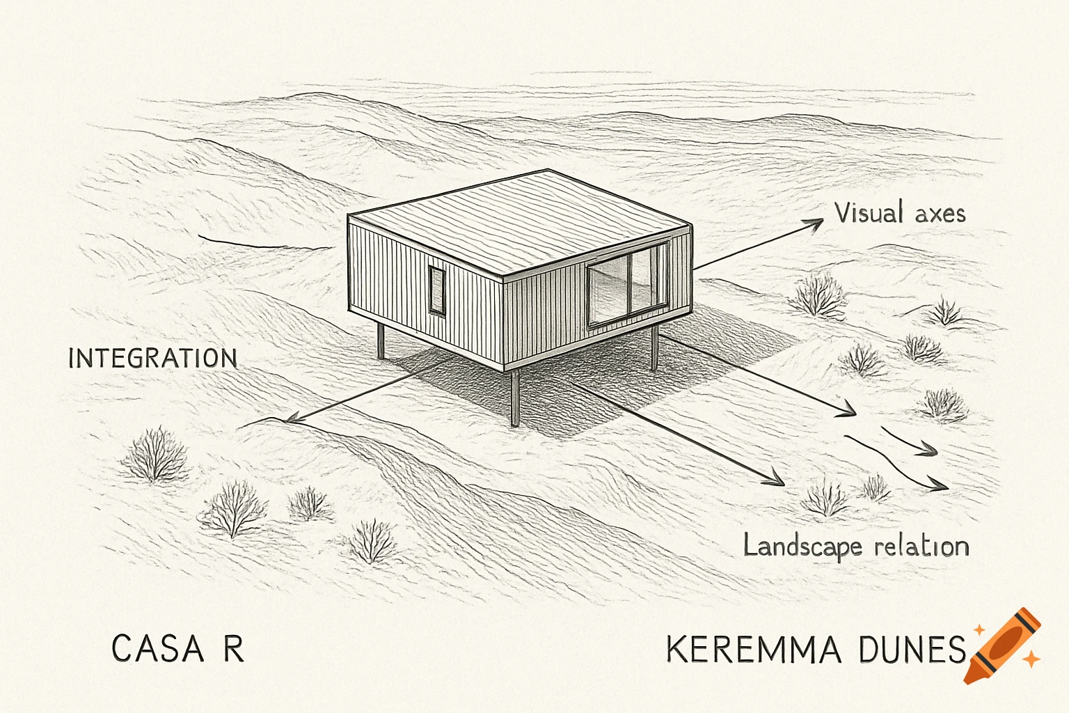 A hand-drawn black-and-white architectural diagram of a modern, rectangular house on stilts in a dune landscape. Arrows indicate visual axes and landscape relation, with text labels including "INTEGRATION", "Visual axes", "Landscape relation", "CASA R", and "KEREMMA DUNES".