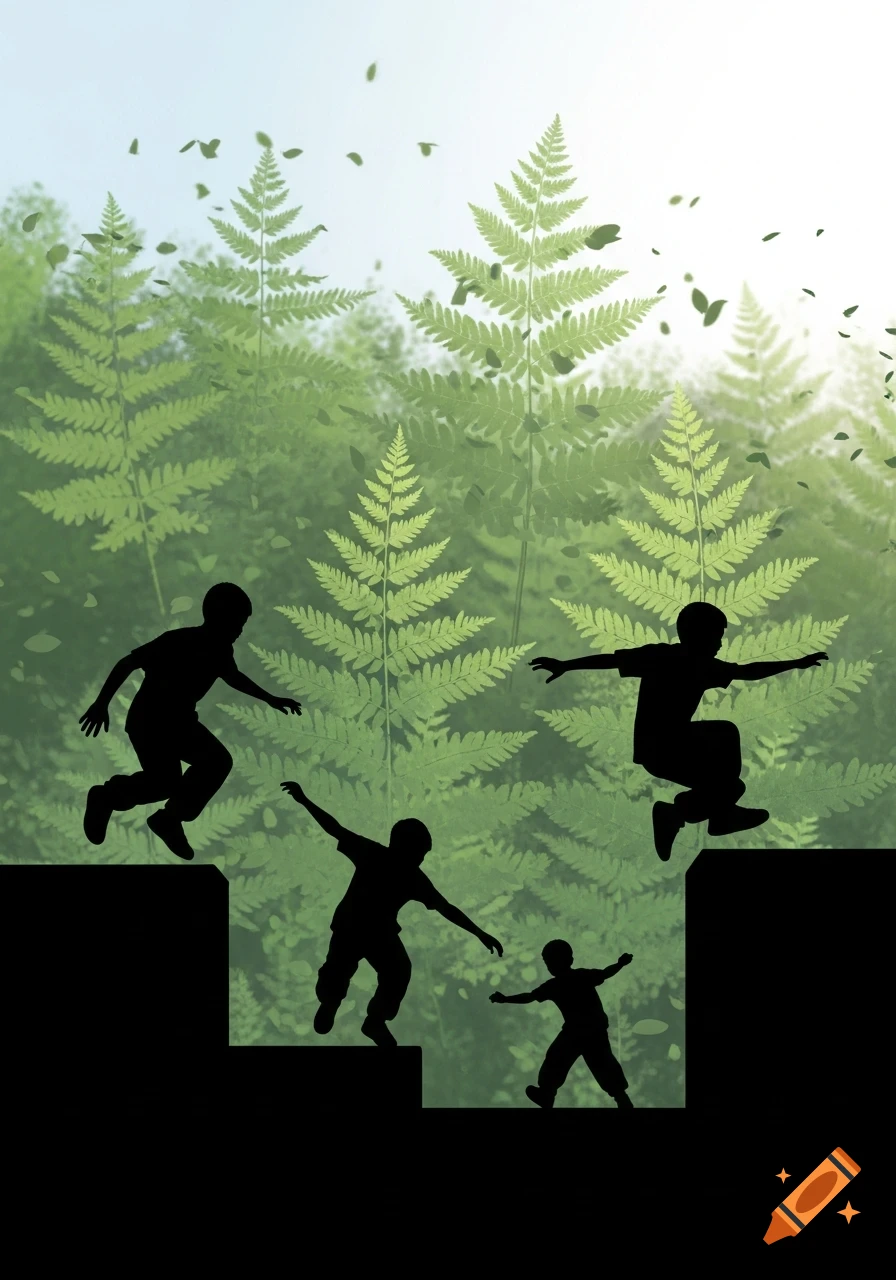 Silhouettes of children doing parkour on black structures against a background of green ferns and a light sky.