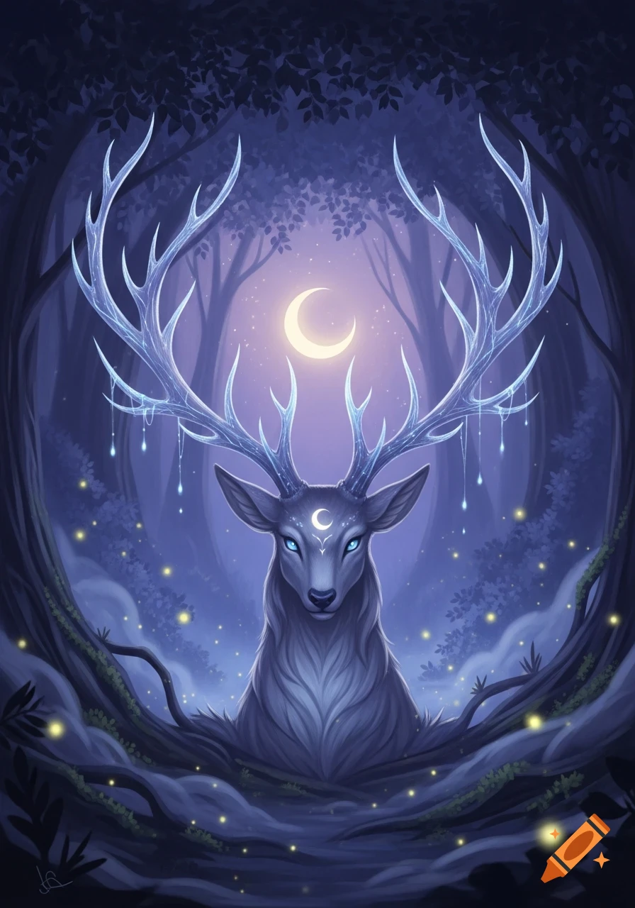 A mystical deer with glowing blue antlers and eyes, marked with a crescent moon, stands in a dark forest with sparkling lights under a glowing crescent moon.