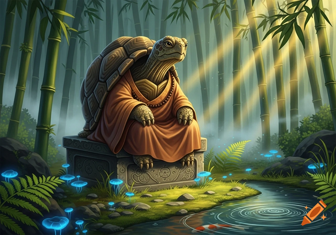 A wise turtle monk in orange robes meditates on a stone in a mystical ...