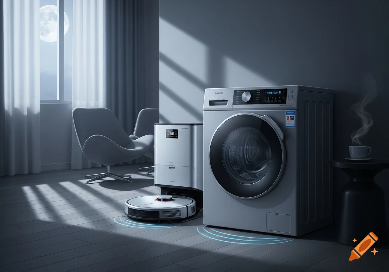 A modern laundry room at night, with a washing machine, air purifier, and robot vacuum bathed in moonlight from a window.