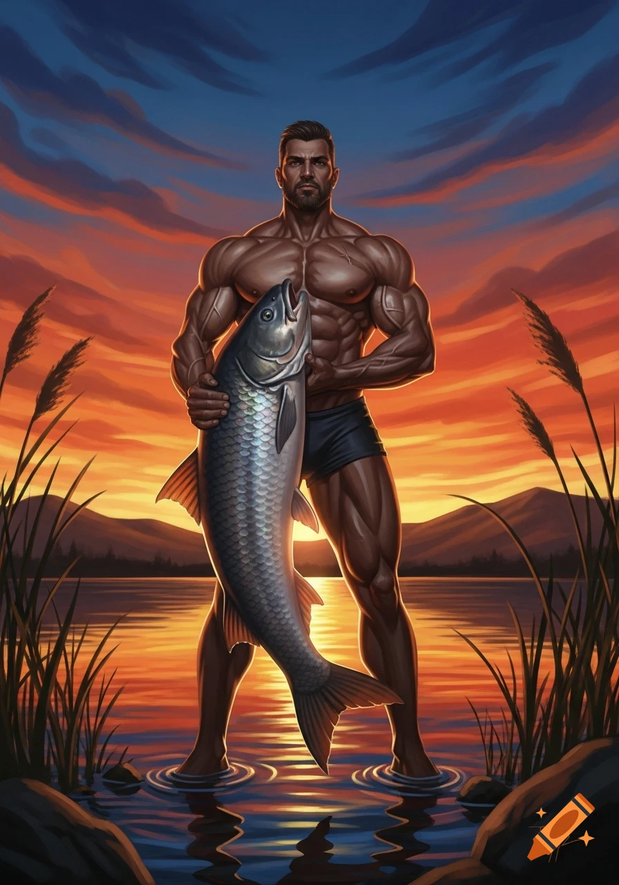 Muscular man in swim trunks holding a large fish, standing in water at sunset over a lake, digital art.