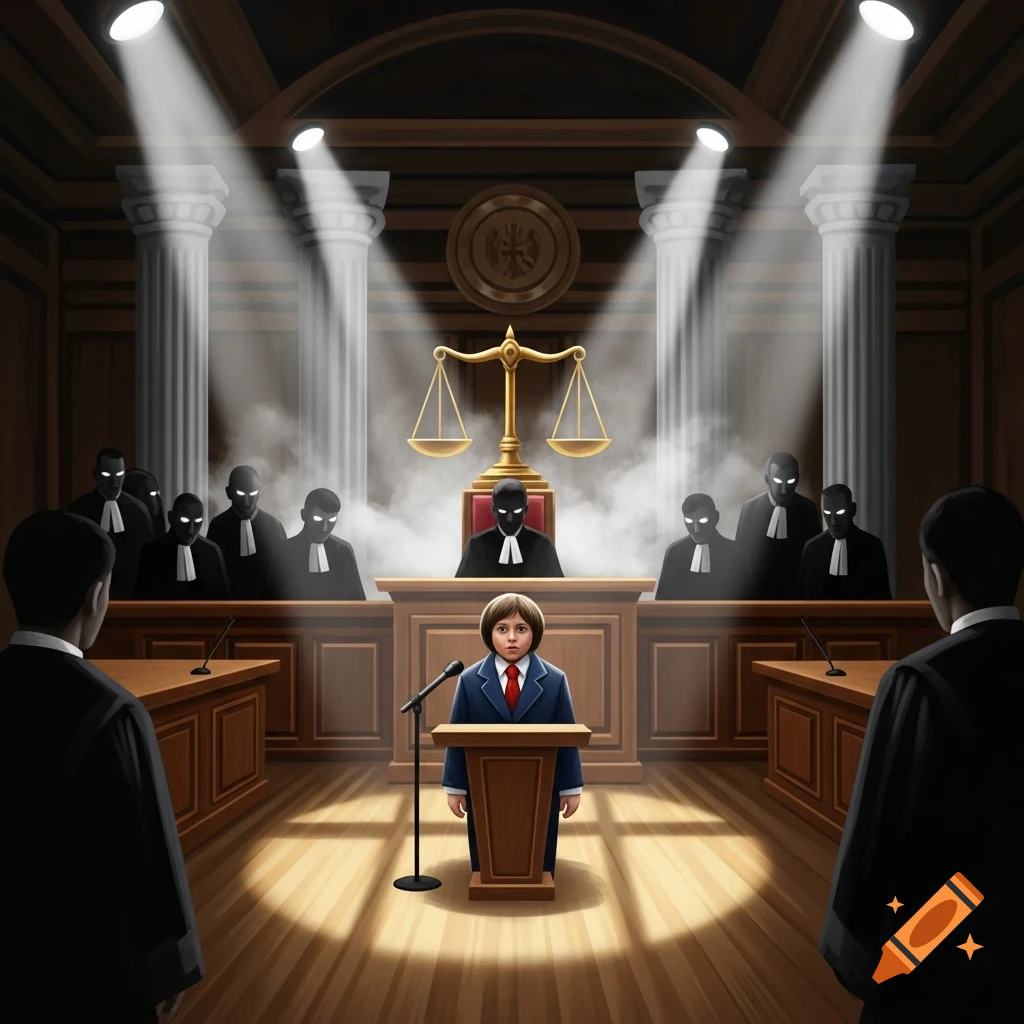 A child in a suit speaks at a podium in a stylized, dark courtroom, with shadowy figures as judge and jury.
