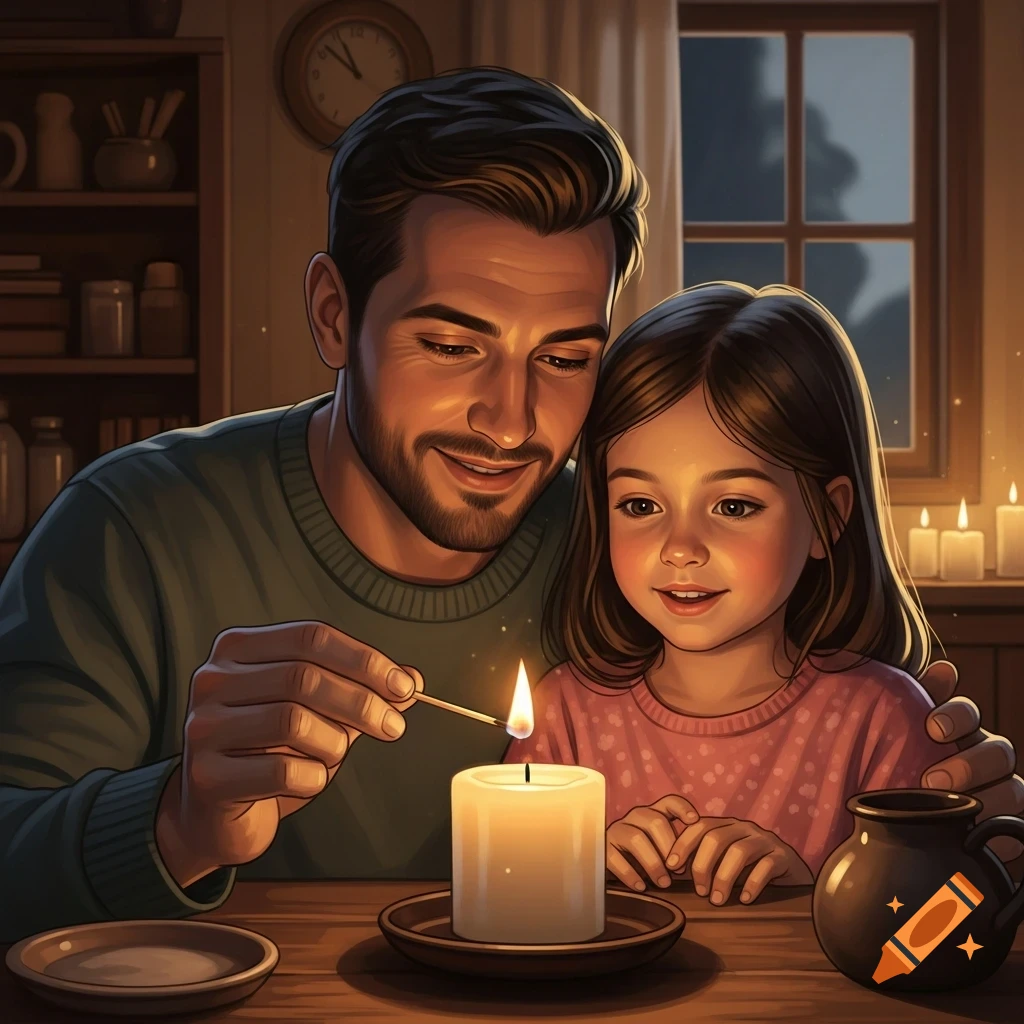 Father and daughter in a warm, cozy room, lighting a candle together with a match.