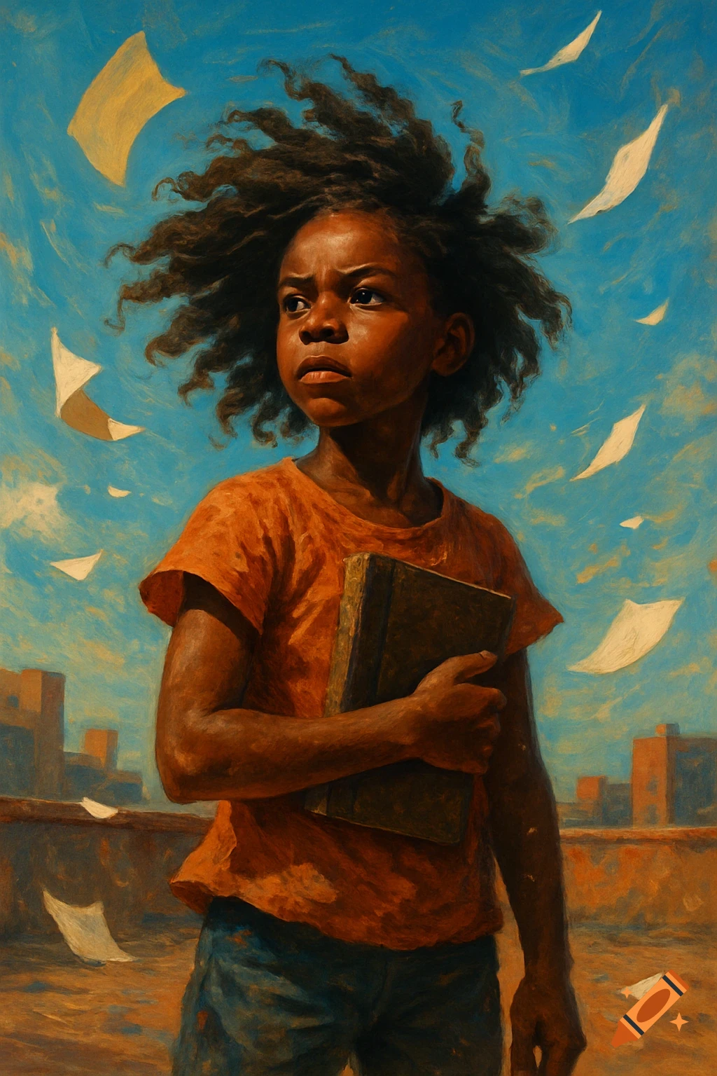A painterly illustration of a young Black girl with curly hair, holding a book, standing firm as papers blow around her under a blue sky.