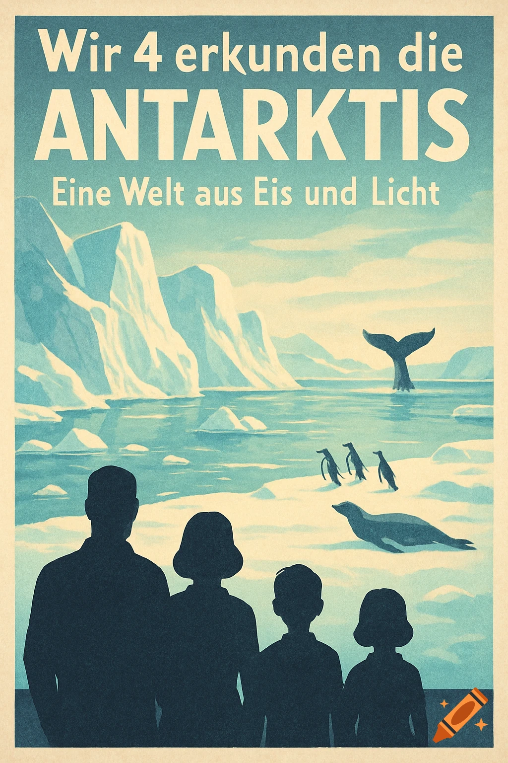 Retro travel poster showing a family silhouette overlooking an Antarctic landscape with glaciers, penguins, a seal, and a whale.