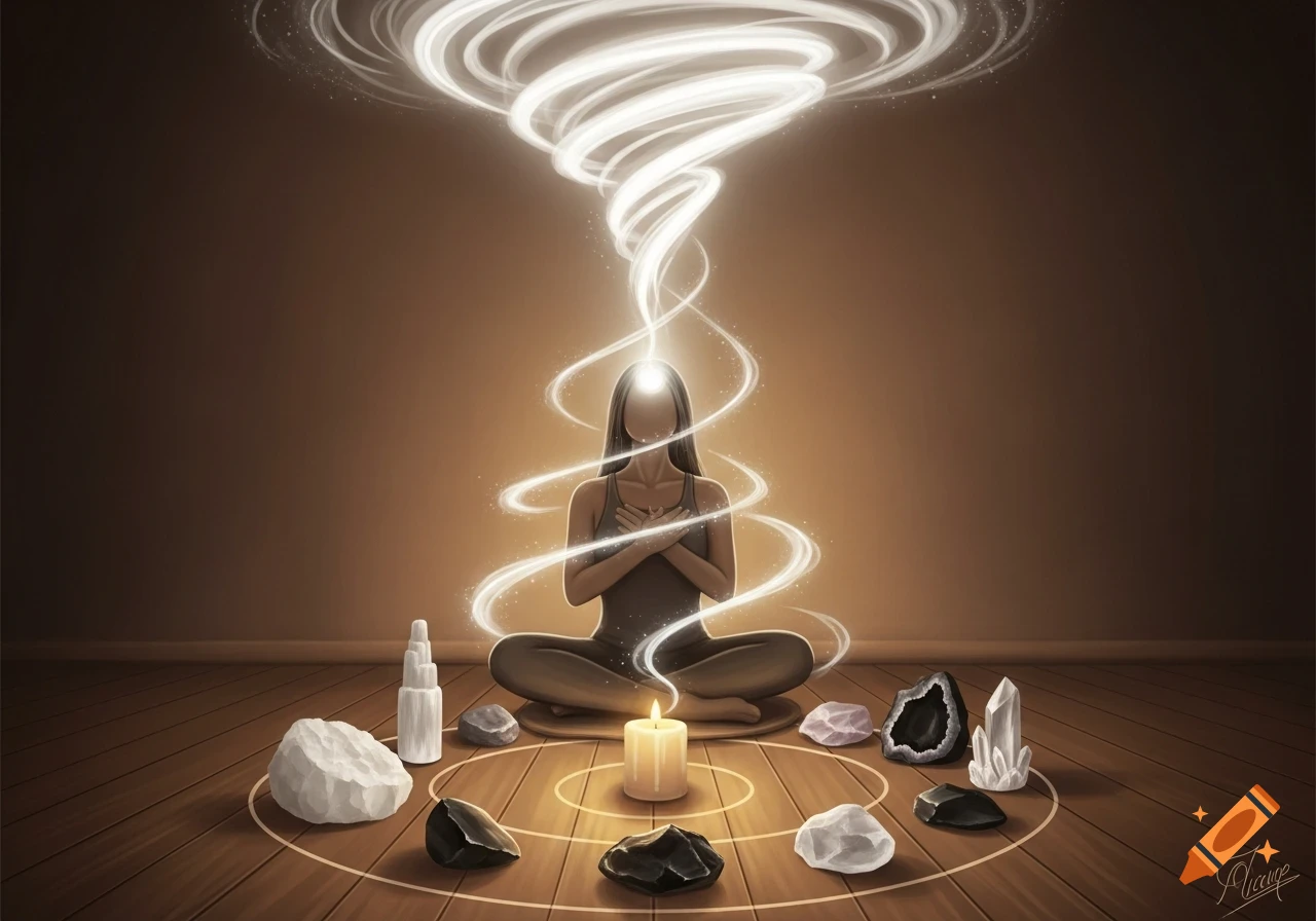 A woman meditates in a lotus position, surrounded by glowing crystals and a candle, with a swirling vortex of white light emanating from her head.