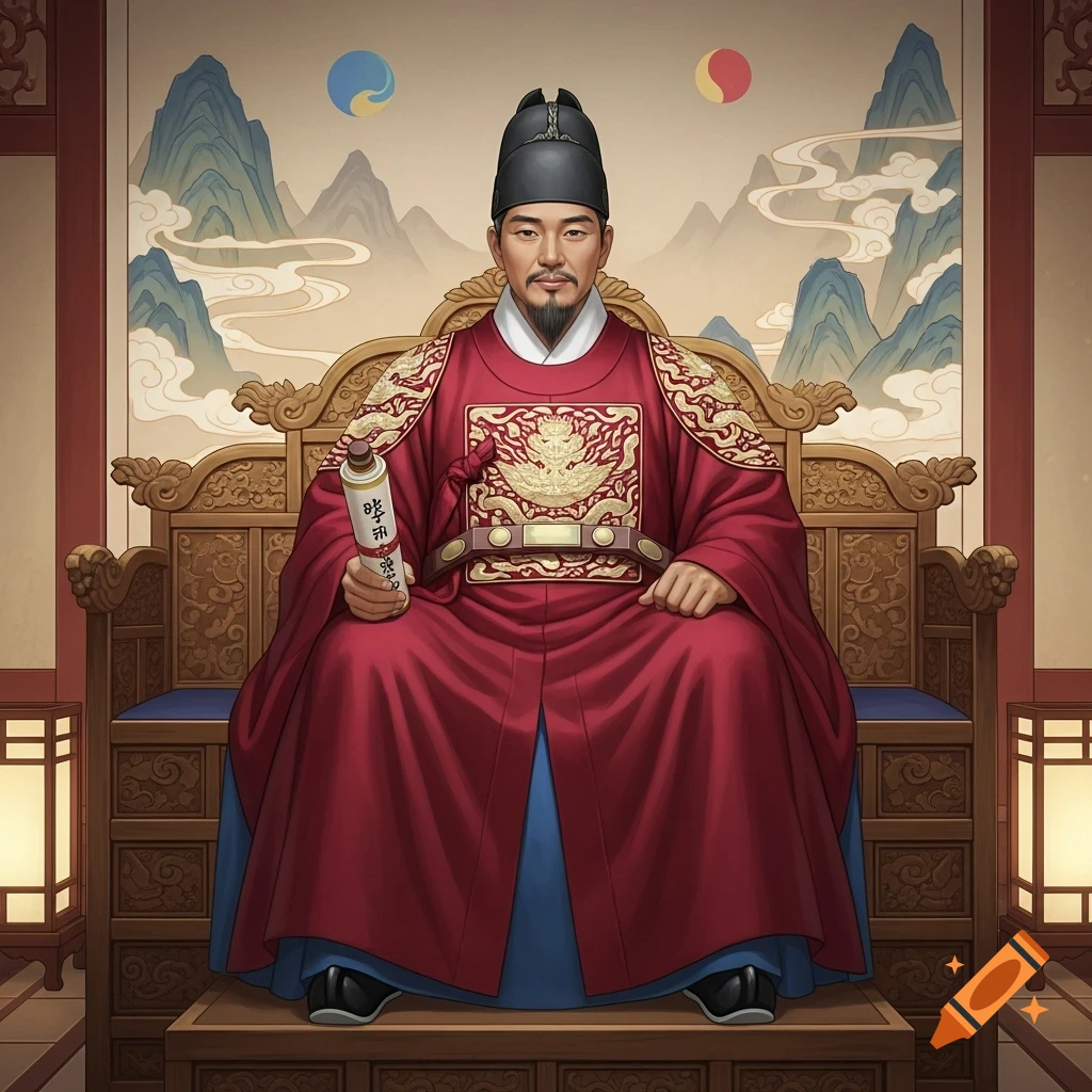 A man in traditional Korean royal attire, wearing a black hat and red robe, sits on a golden throne, holding a scroll, with mountains in the background.