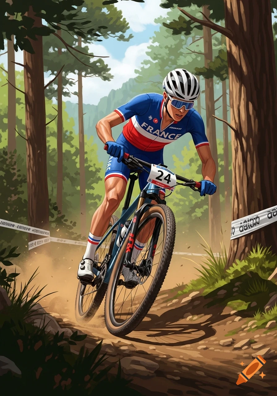 An illustrated mountain biker in a blue, white, and red France jersey rides through a forest trail, kicking up dirt. The bike has the number 24.
