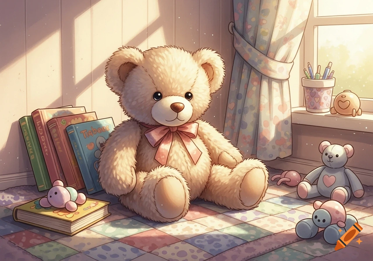 A large fluffy teddy bear with a pink bow sits on a patchwork rug in a sunlit child's room, surrounded by books and other toys.