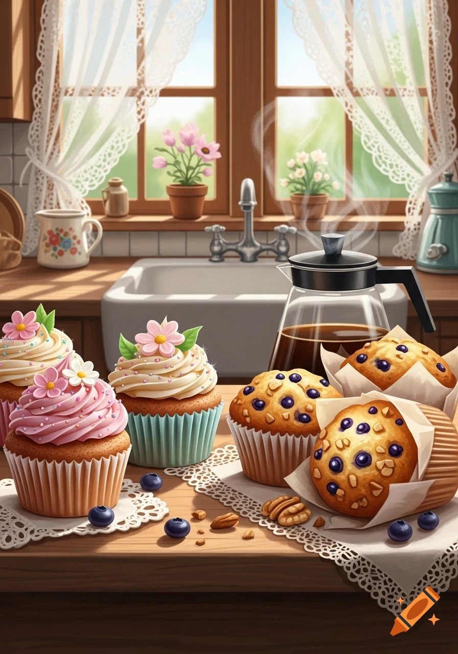 Appetizing cupcakes with frosting and blueberry muffins arranged on a kitchen counter with coffee, set against a bright window.