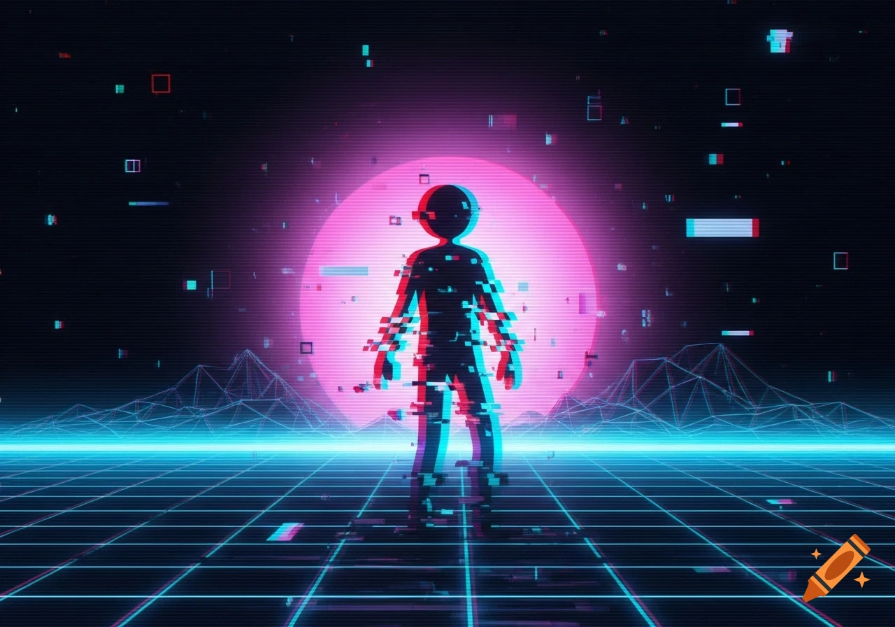 A glitching stick figure stands on a neon grid, with a glowing pink sun in a retro-futuristic digital landscape.