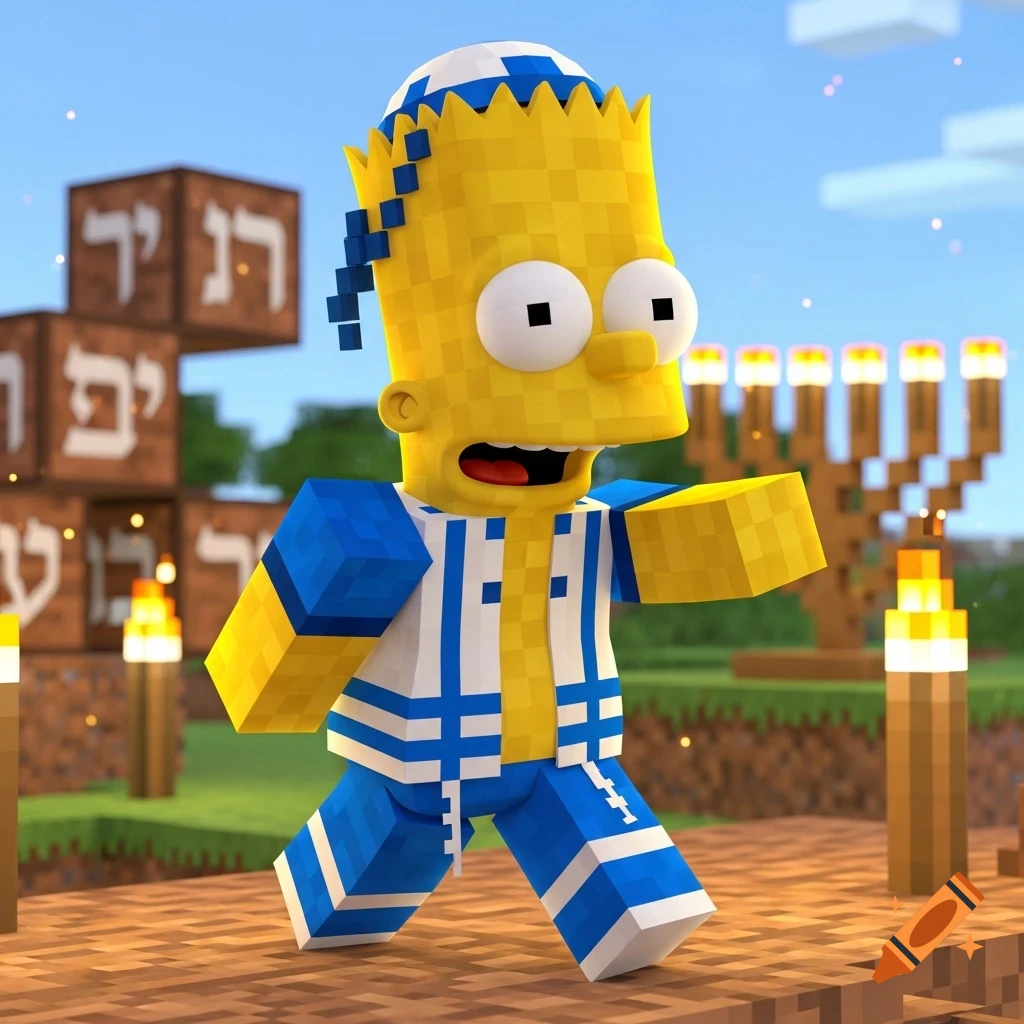 Minecraft Bart Simpson wearing a kippah and tallit, standing near a menorah and blocks with Hebrew letters in a blocky landscape.