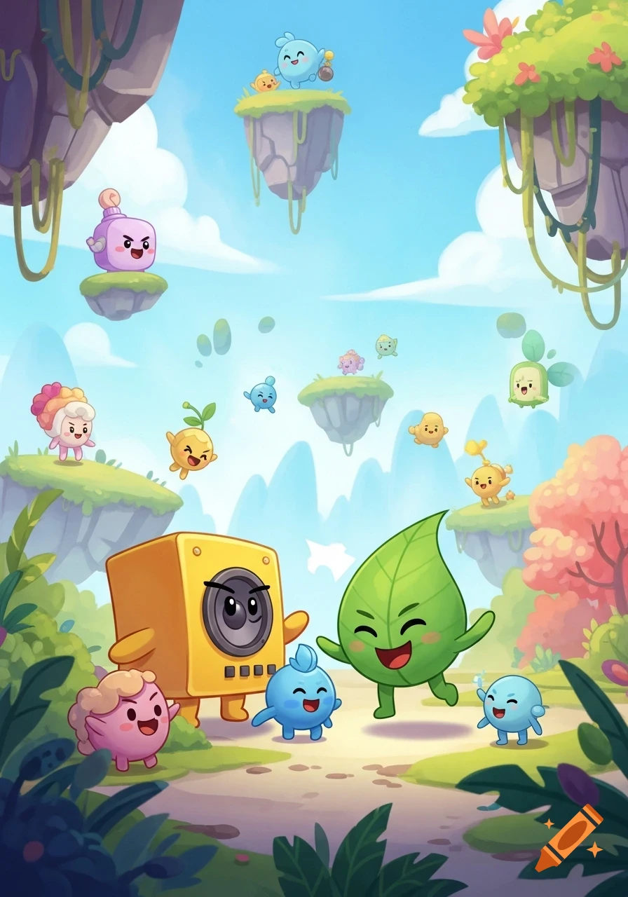Vibrant cartoon scene with cute animated creatures, including a green leaf and yellow speaker, on floating islands in a whimsical sky.
