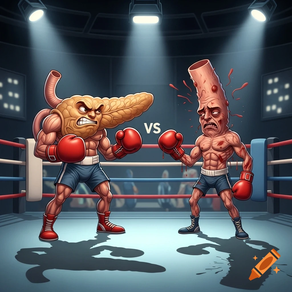 A cartoon pancreas character boxes a beaten-up adenocarcinoma character in a ring under spotlights.