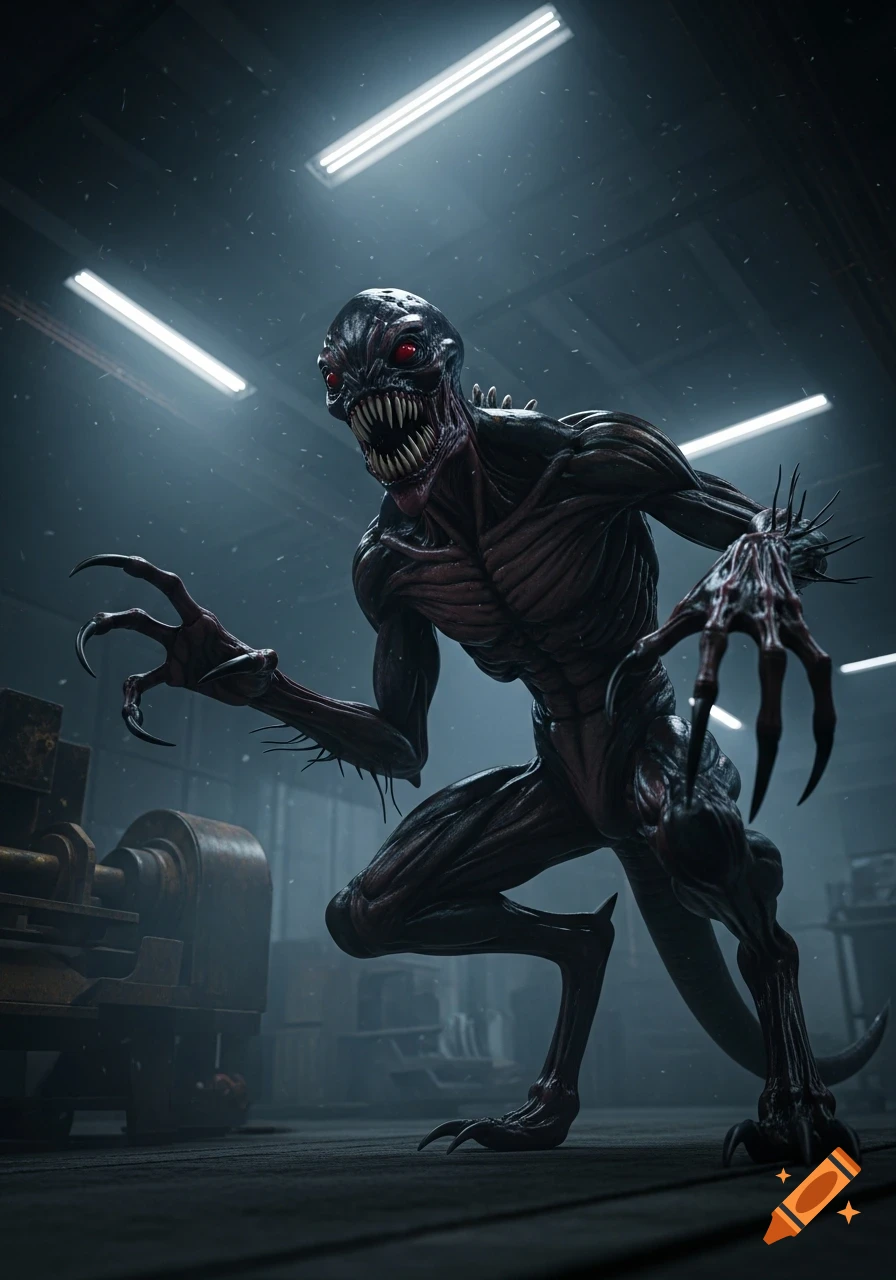 A dark, menacing monster with glowing red eyes, sharp teeth, and long ...
