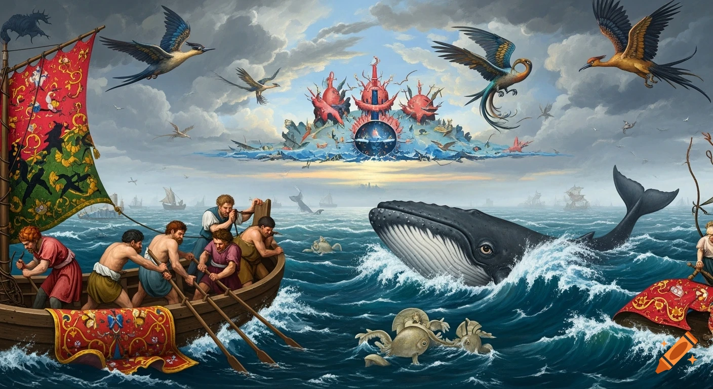 A surreal seascape in Bosch style depicting men in a boat, a whale, fantastical birds, and a bizarre island structure.
