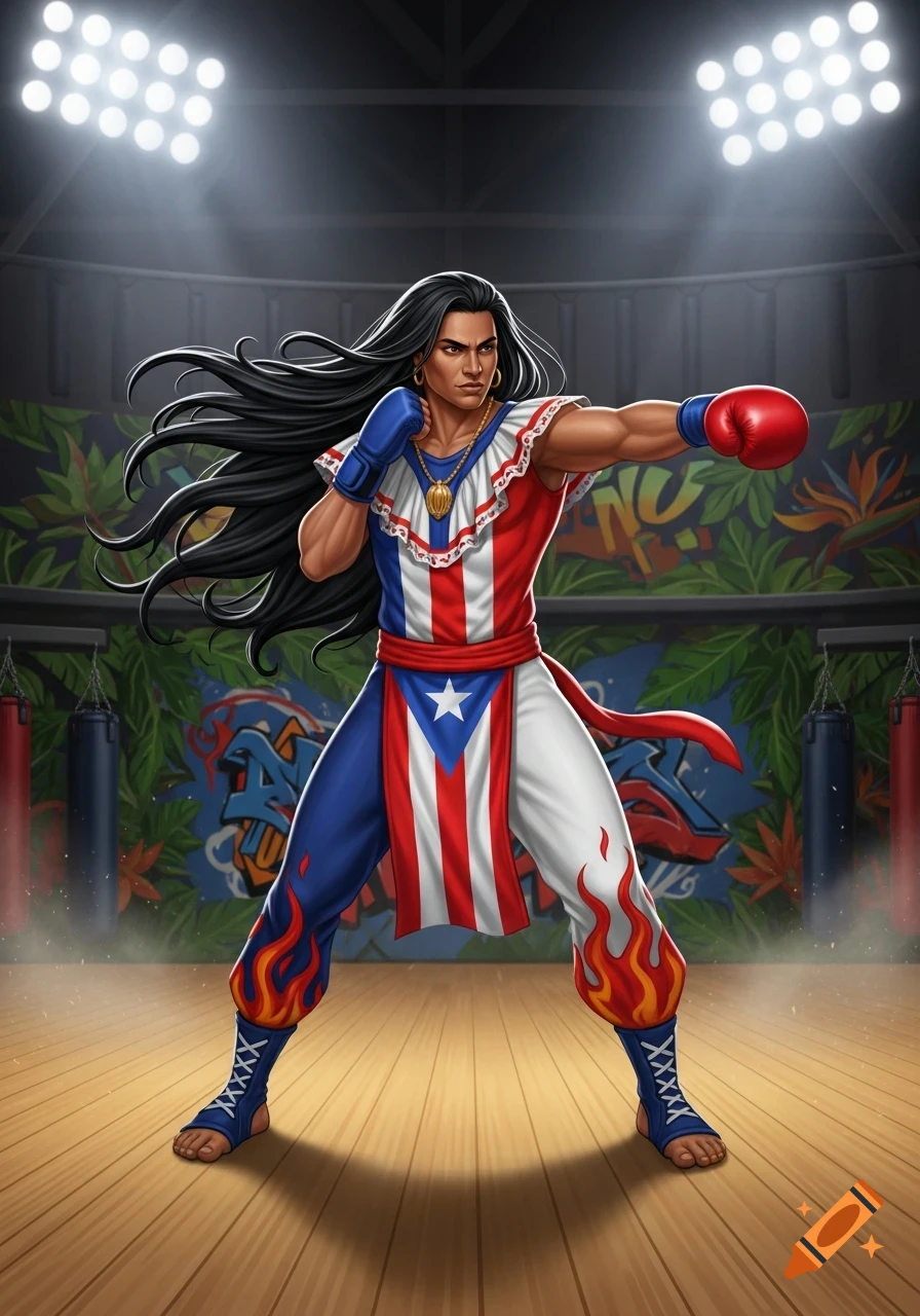 Muscular male fighter with long black hair in a Puerto Rican flag-themed outfit and red boxing glove, posing in a ring.
