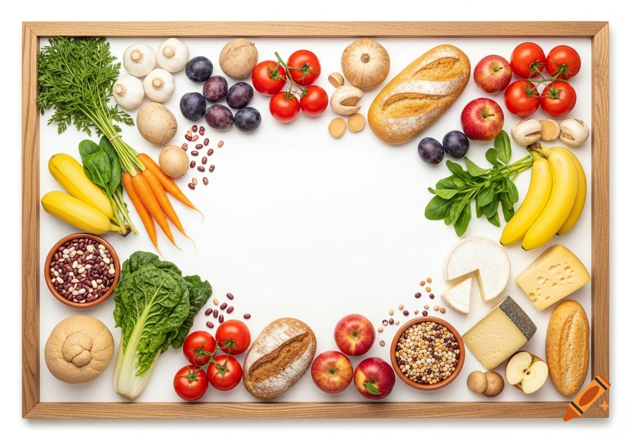 Assortment of fresh fruits, vegetables, bread, and cheese on a white background within a wooden frame.