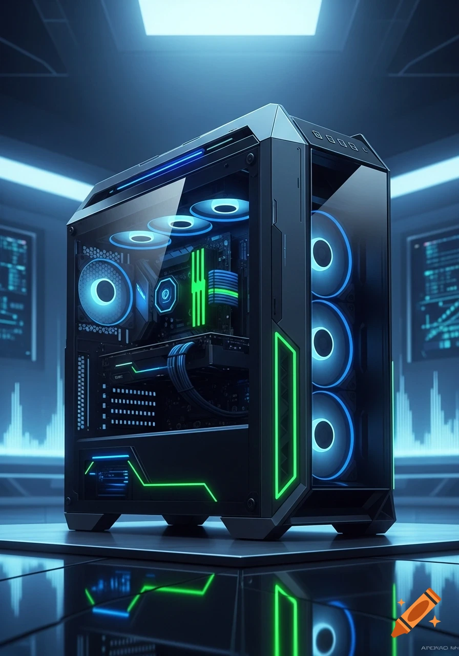 A sleek, modern computer case with glowing blue and green neon lights sits on a reflective surface in a futuristic, dark tech environment.