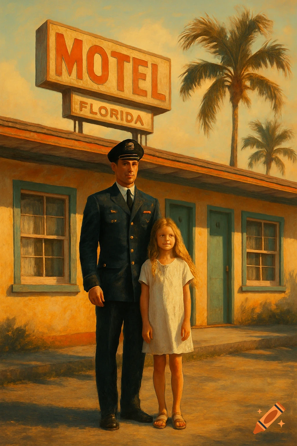A man in a navy uniform and a girl stand in front of a sun-drenched Florida motel with a MOTEL sign and palm trees in a painterly style.