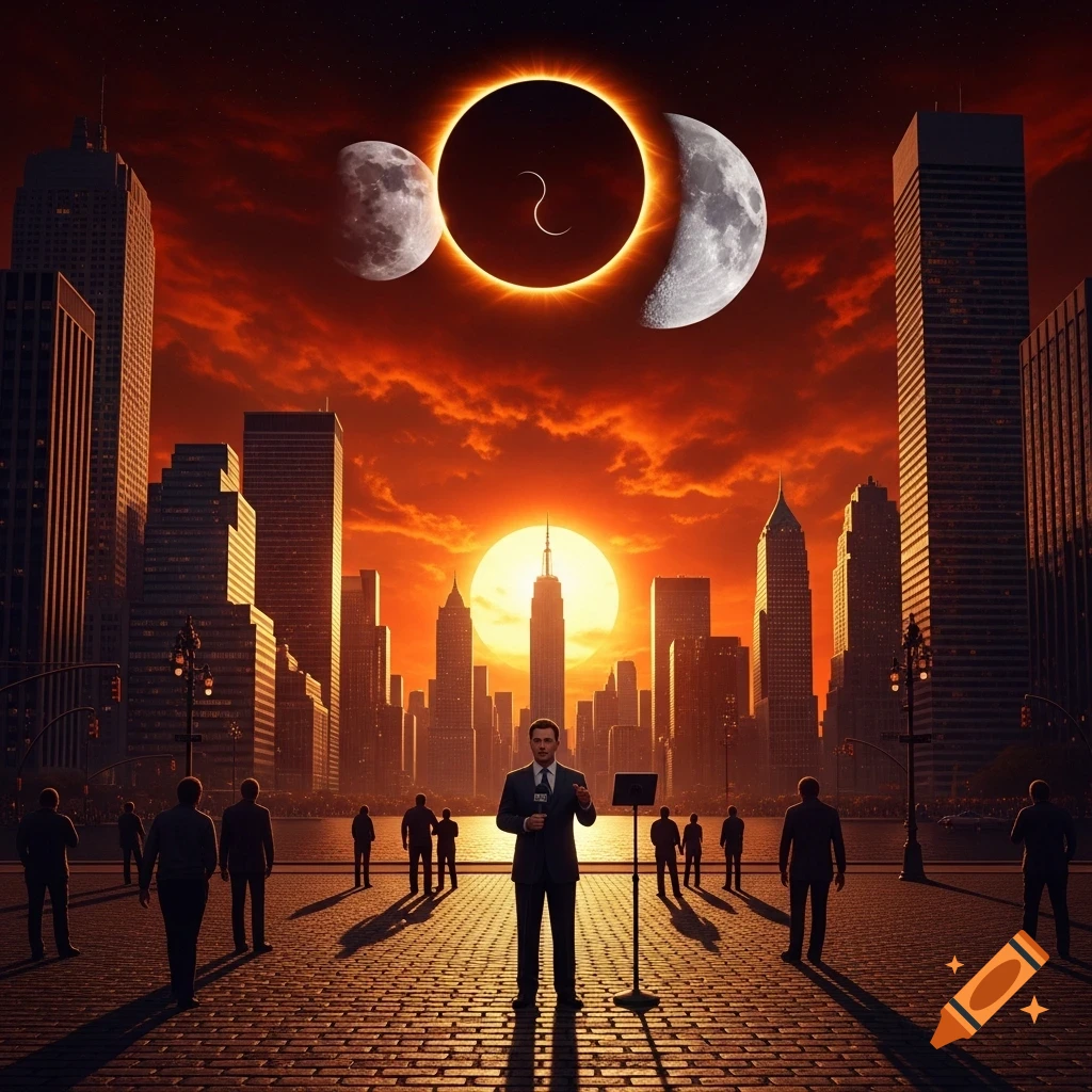 A news reporter stands on a brick plaza reporting a dramatic solar eclipse and a nearby moon over a New York City skyline at sunset, with an orange sky.