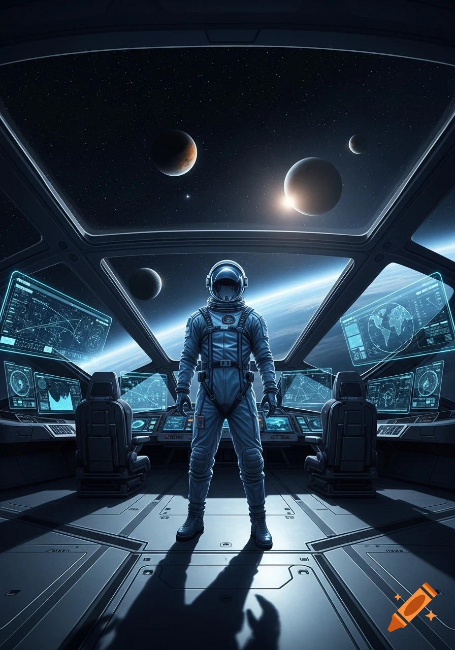 A futuristic astronaut stands in a spaceship cockpit, gazing out at planets and stars in deep space.