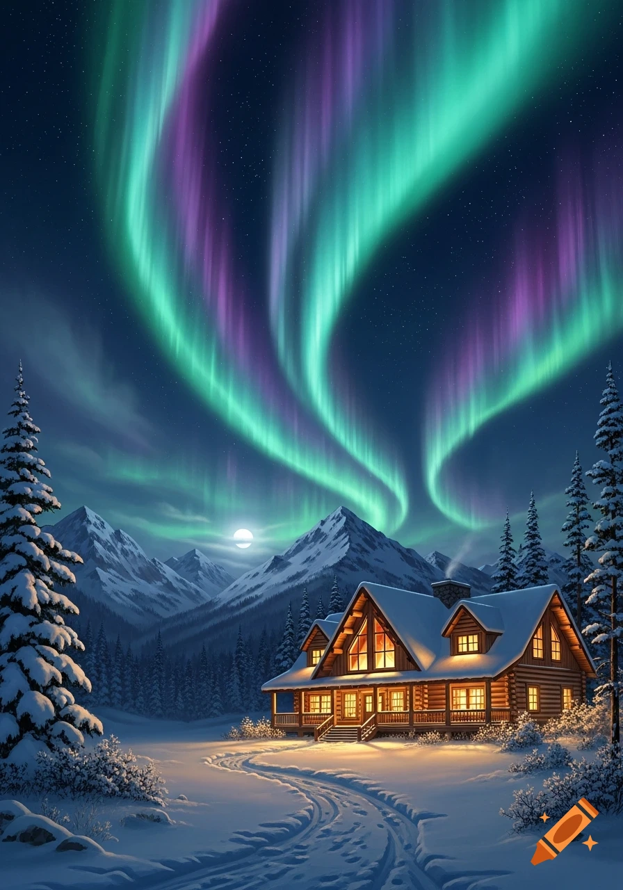 Vibrant aurora borealis arches over a cozy, lit wooden cabin in a snowy mountain landscape with pine trees.
