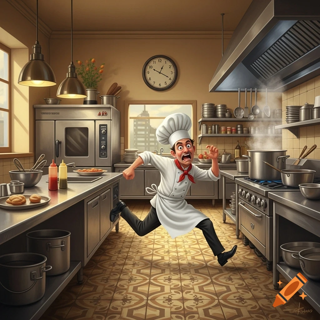A frantic cartoon chef with a red scarf and tall hat runs in a busy professional kitchen, looking panicked.