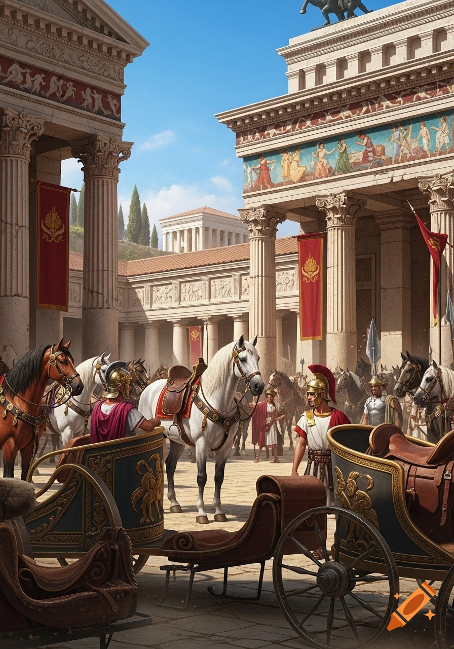 Roman soldiers with horses and chariots in front of classical buildings in a bustling ancient Roman city.