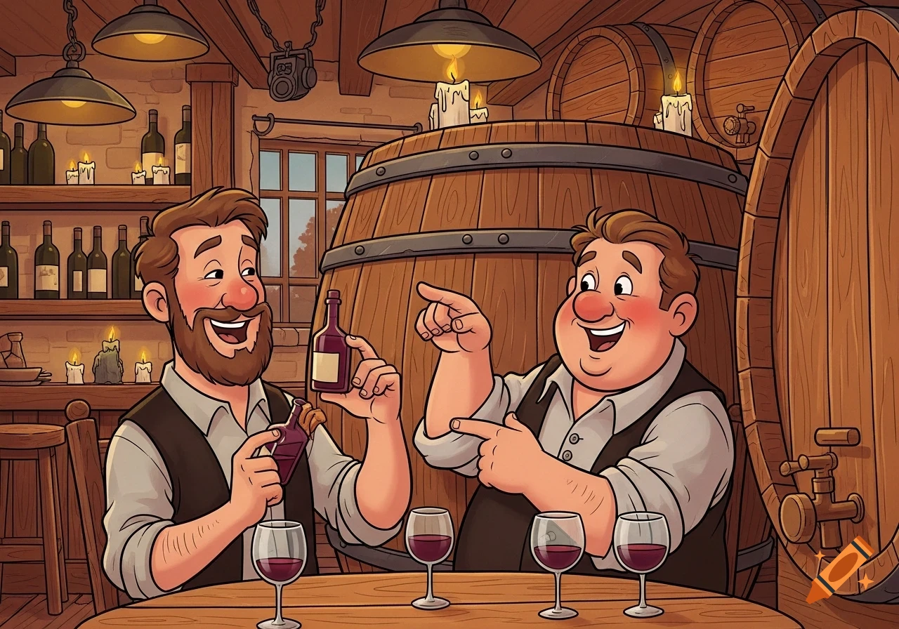 Two cartoon men laugh in a cozy pub with wine barrels, shelves of bottles, and glasses of red wine on the table.