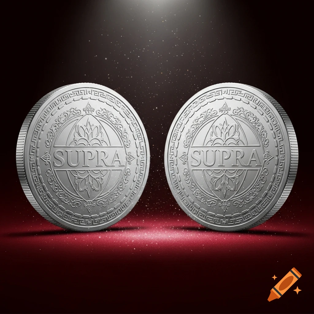 Two detailed silver coins with the word 'SUPRA' and intricate patterns, set against a dark red, glittery background.