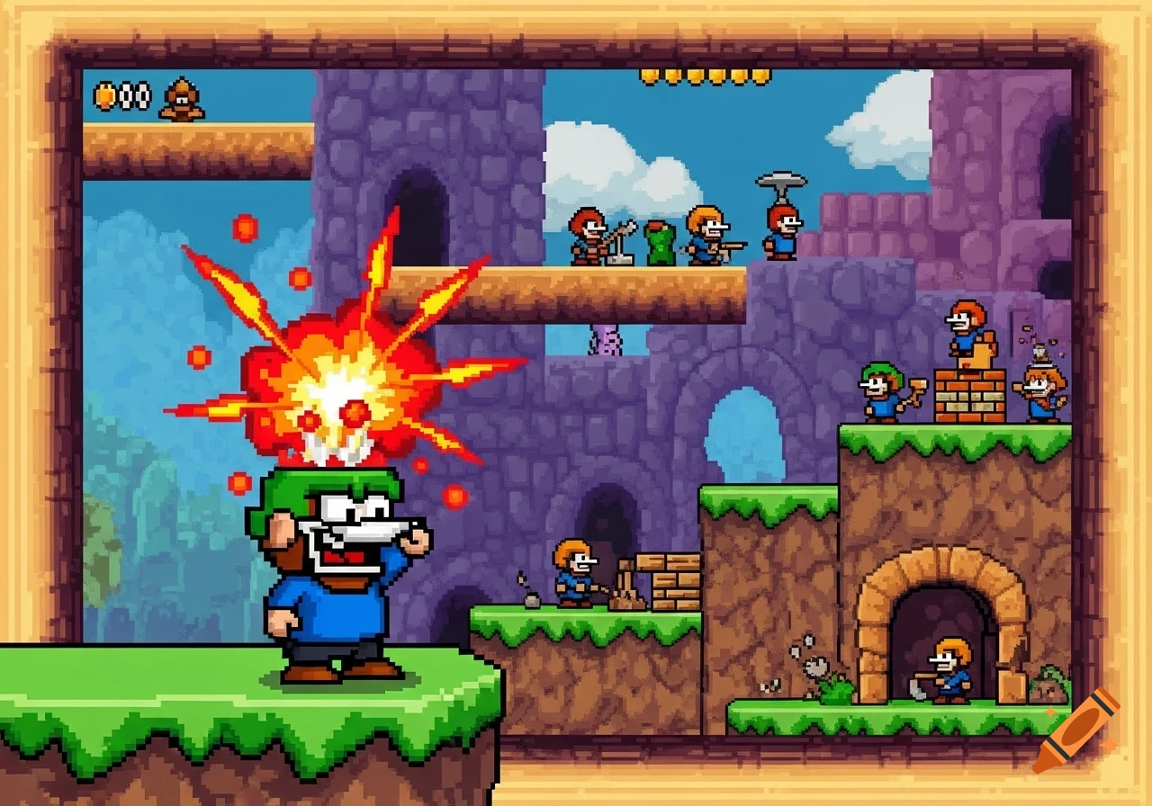 A pixel art video game screen shows a green-hatted character with an explosion above its head, amidst other characters and castle platforms.