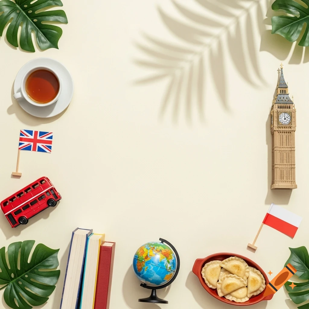 Minimalistic flat lay with British and Polish cultural elements like Big Ben, a red bus, tea, pierogi, and flags on a light background.