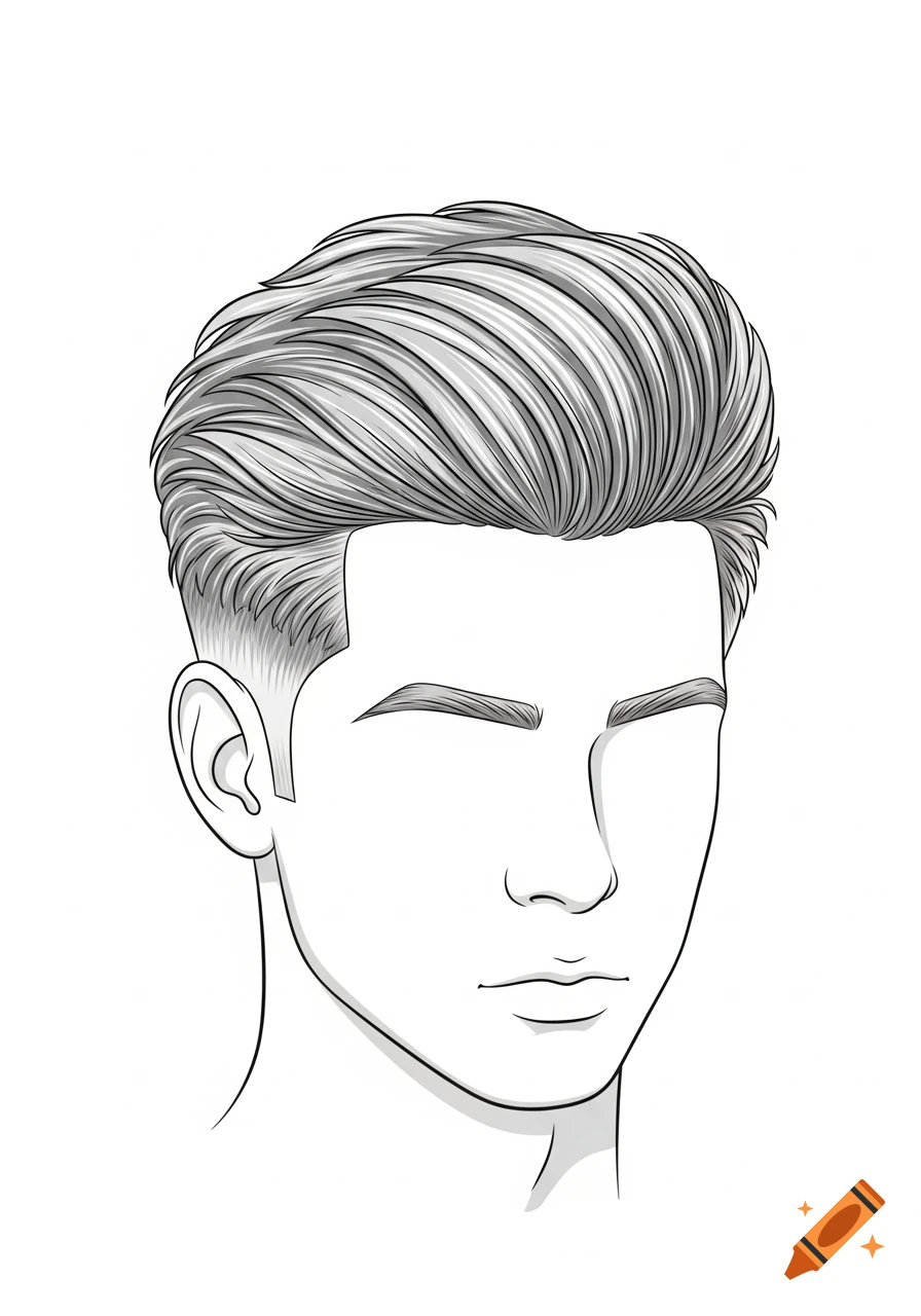 Line art illustration of a man's head with a textured medium-length haircut and a low taper on the sides.
